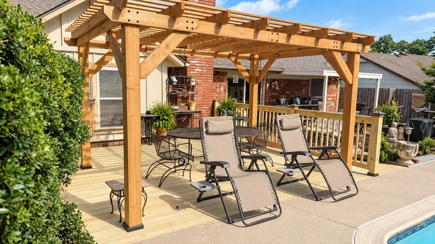 Cedar pergola over a poolside wood deck with lounge chairs