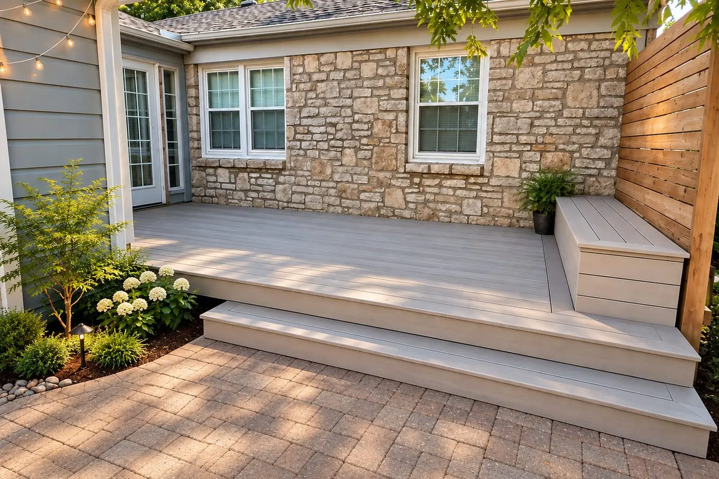 Light gray composite deck with a built-in bench against a stone home