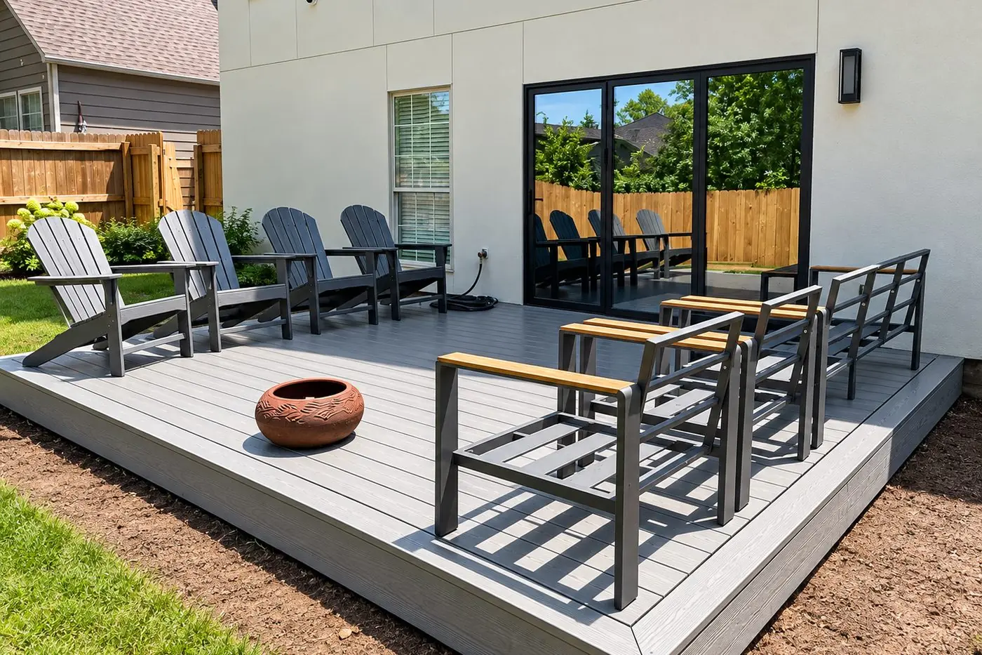 Ground-level gray composite deck with Adirondack chairs behind a modern home
