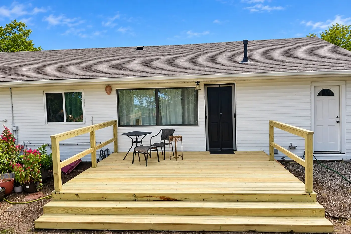 Ground-level pressure-treated deck with wraparound steps on a ranch home