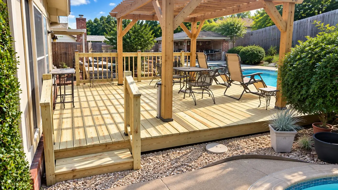 Freestanding cedar pergola over a wood deck with a dining set beside a pool