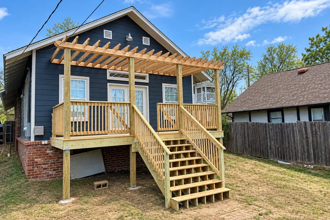 Elevated pressure-treated deck with railing, stairs, and an attached pergola on a blue bungalow, the kind of attached structure that needs a permit
